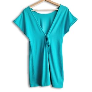 LULULEMON Athletica Turquoise Blue Short Sleeve V-Neck Tee Sz 6 Flawed